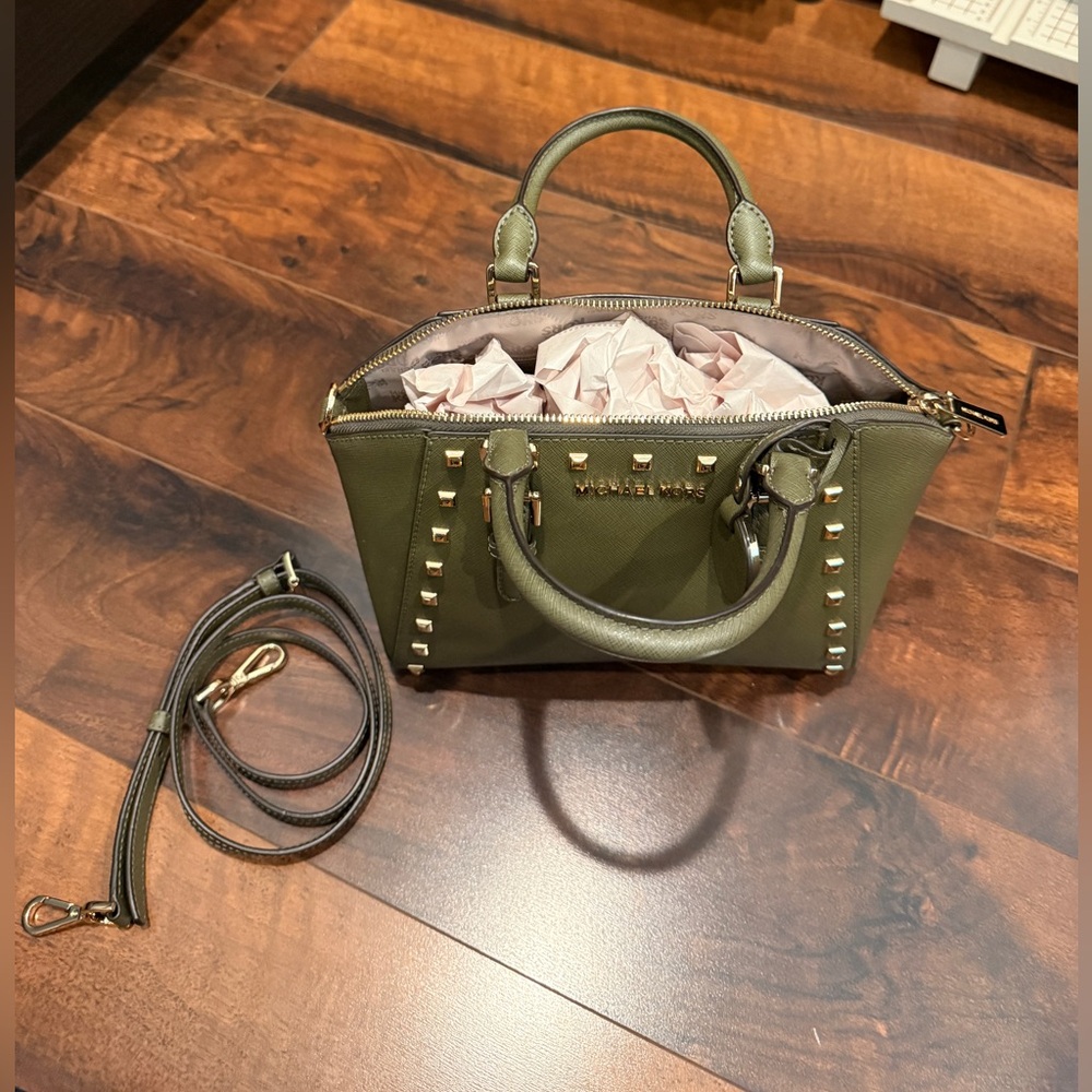 NWOT - new- Michael Kors Olive Studded Saffiano Mini Satchel with Gold Hardware - Picture 2 of 3